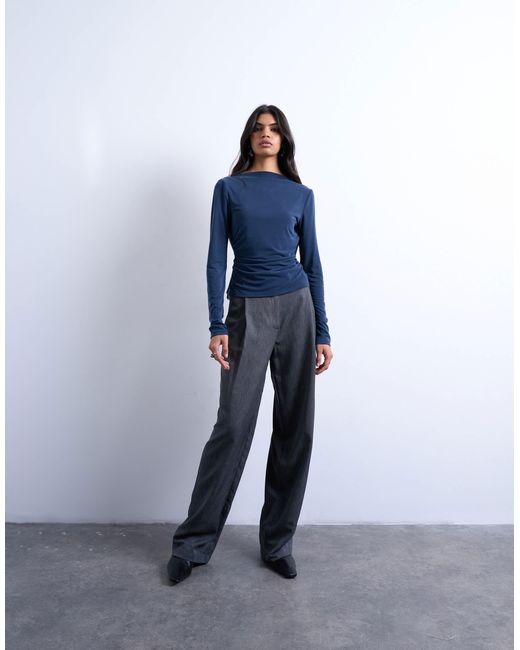 TOPSHOP Blue Cupro Long Sleeve Cowl Back Top