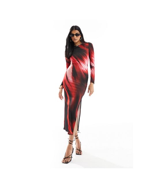 Miss Selfridge Red Long Sleeve Maxi Ombre Print Dress