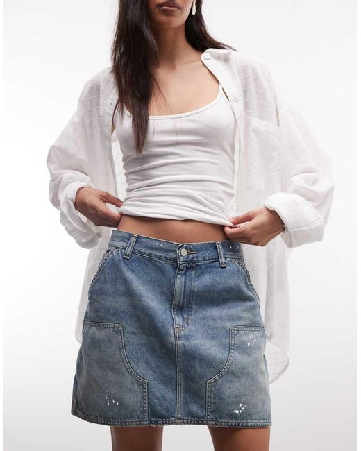 Carhartt Blue Maeve Double Knee Denim Mini Skirt With Paint Splatter Effect