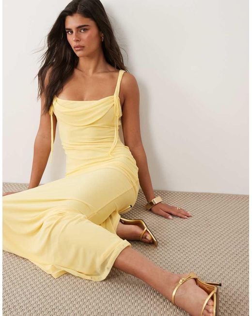 ASOS Natural Mesh Square Neck Cowl Maxi Dress With Tie Neck Detail