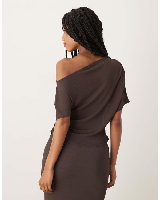 ASOS Brown Mesh Semi Sheer Ruched Off Shoulder Top