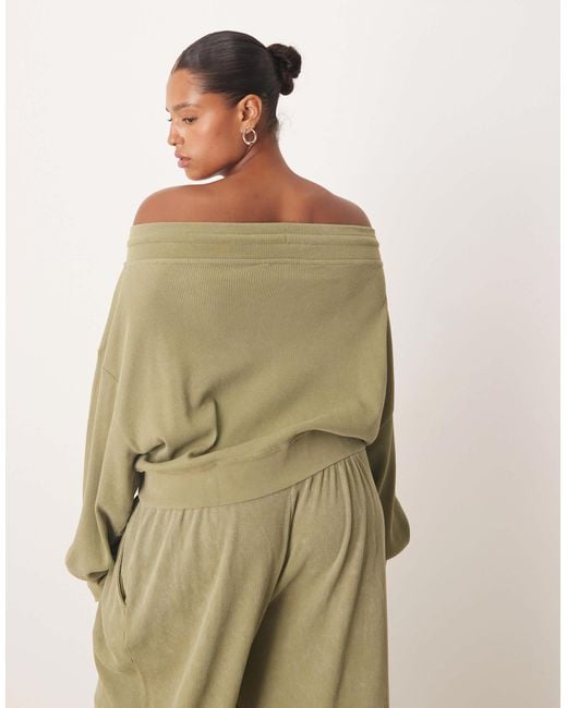 ASOS Natural Asos Design Curve Waffle Off Shoulder Zip Through Sweat