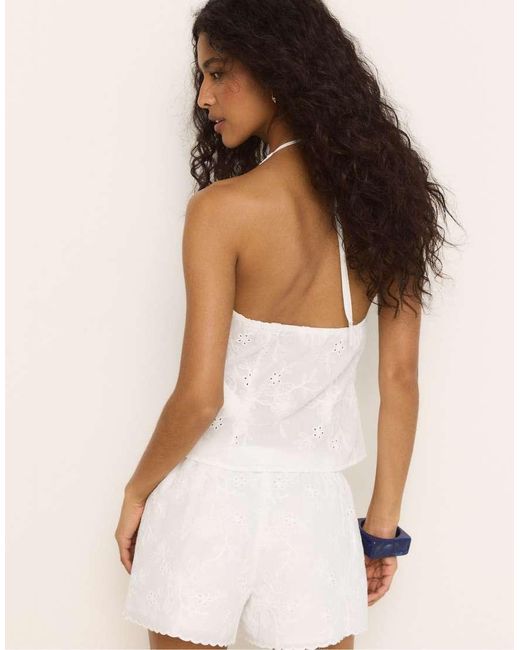 Stradivarius White Embroidered Halter Top