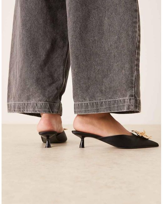 ASOS Gray Savvy Flower Trim Detail Mid Heel Mules
