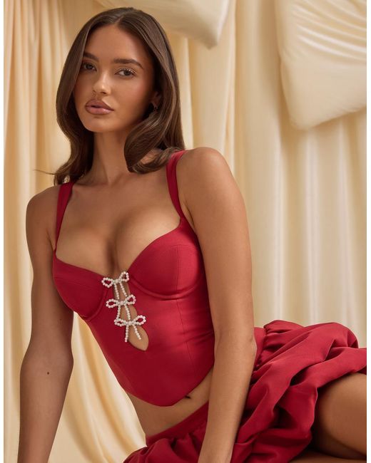 Oh Polly Red Pearla Satin Pearl Bow Detail Corset Top Co-ord