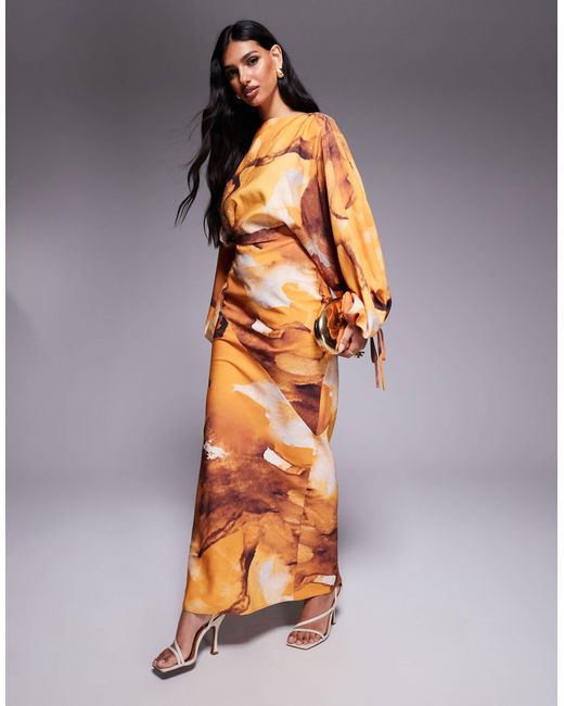 Robe longue effet rentré à manches blousantes et liens avec imprimé fleurs oversize - rouille ASOS en coloris Orange