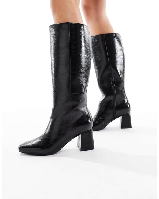 London Rebel Black Nova Block Heeled Knee Boots