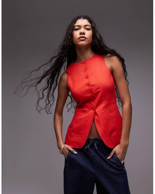 TOPSHOP Red Linen Longline Fitted Waistcoat With Pockets