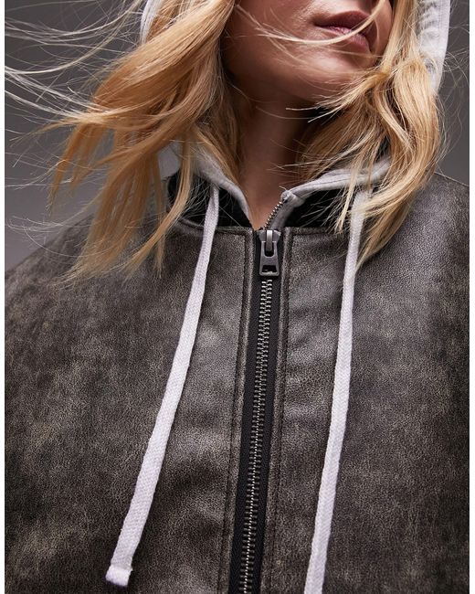 TOPSHOP Gray Faux Leather Bomber Jacket