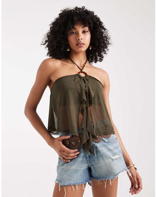 Miss Selfridge Brown O Ring Ruffle Split Front Top