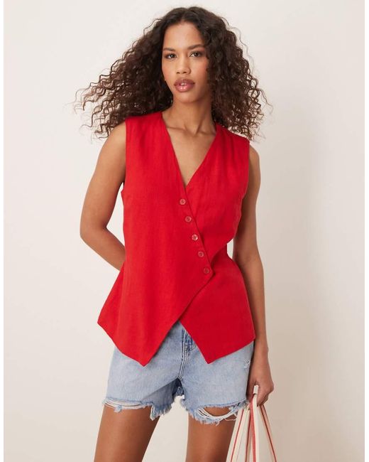 Abercrombie & Fitch Red Longline Asymmetric Linen Vest