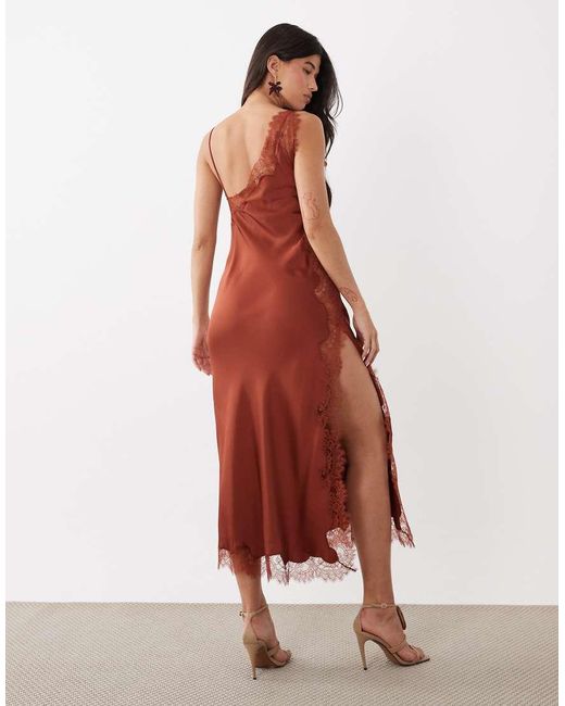 Mango Brown Capsule Asymmetric Satin Midi Dress With Lace Trim