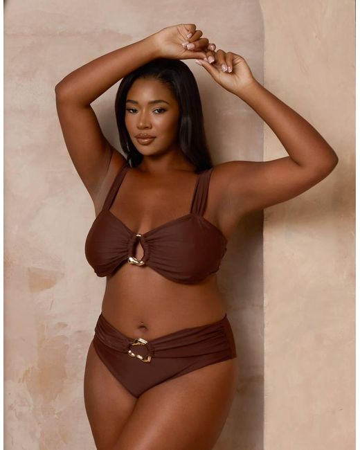 Moda Minx Curve Brown X Alessa Tyrrell-charles High Waist Bikini Bottom With Hoop Detail