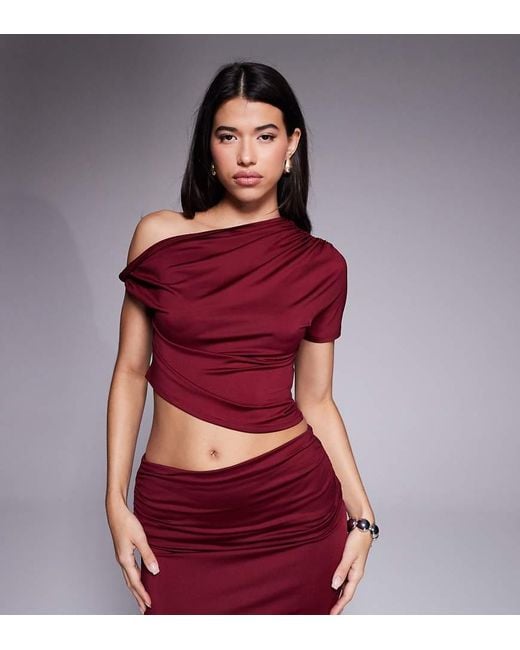 The Frolic Red Exclusive Double Sculpted Slinky Off Shoulder Twist Detail Asymmetric Crop Top