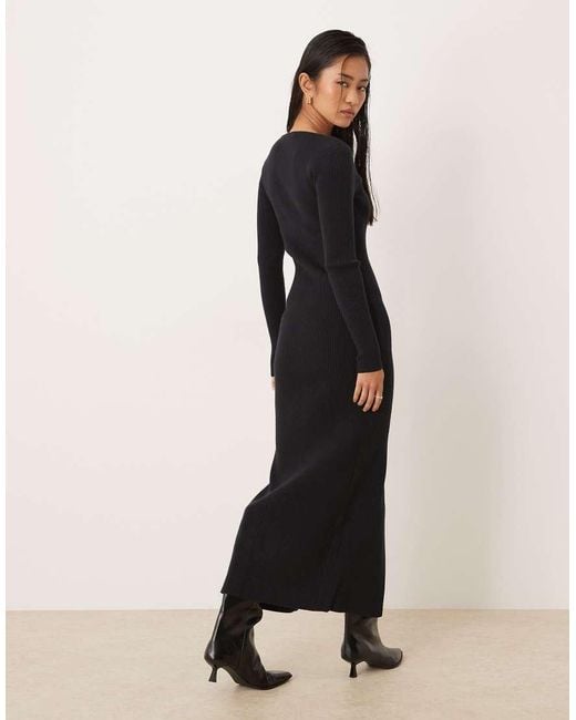 Abercrombie & Fitch Black Long Sleeve V Neck Fitted Maxi Dress