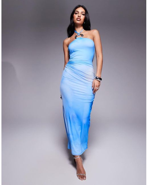 Vestido Midi De Malla Con Cuello Halter, Marmoleado Oscuro Y Herraje Plateado De ASOS de color Blue