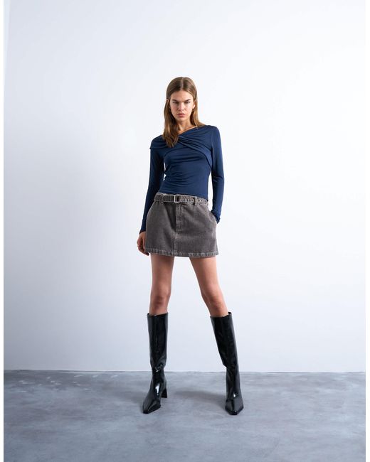 TOPSHOP Blue Microfibre Draped Long Sleeve Top