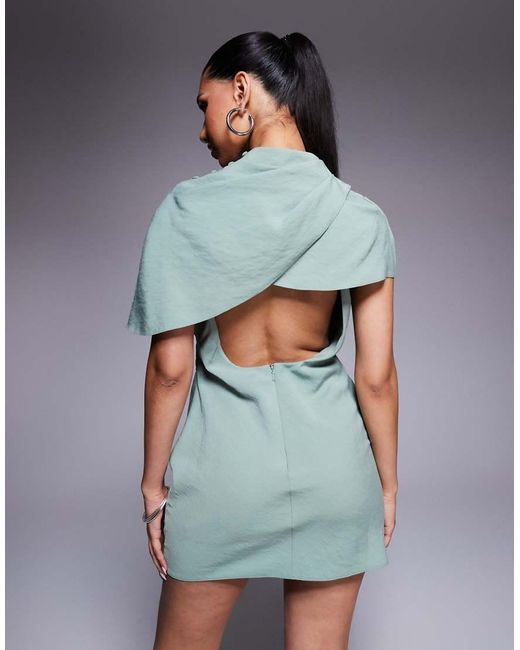 ASOS Hoogsluitende Mini Jurk Met Open Achterkant En Cape-Lijfje in het Blue
