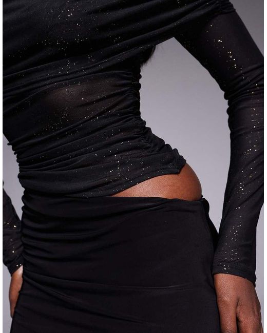 Fashionkilla Blue Exclusive Glitter Mesh Foldover Bardot Contrast Skirt Detail Mini Dress
