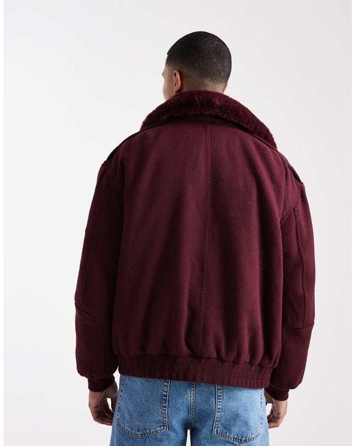 ASOS Red Wool Look Bomber Jacket With Faux Fur Collar for men