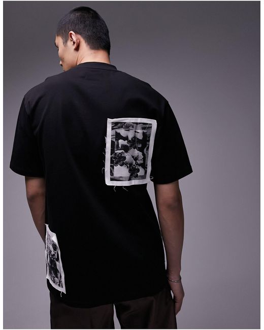T-shirt premium oversize nera con toppe a fiori effetto invecchiato di Topman in Black da Uomo