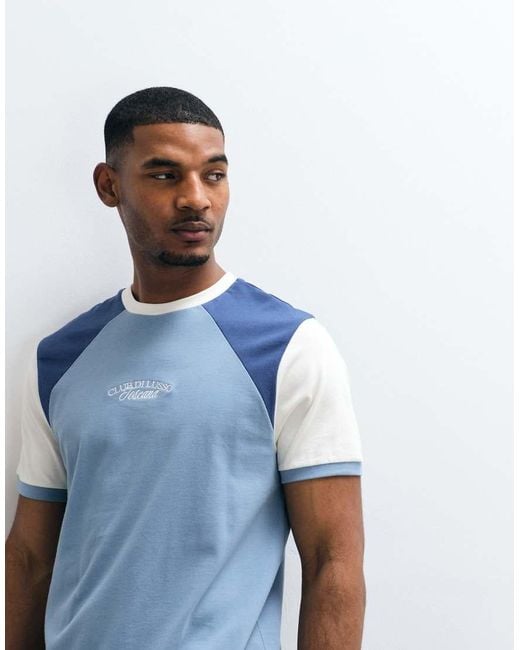 ASOS Blue Heavyweight Regular Fit Cut And Sew T-shirt With Chest Graphic for men