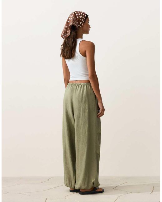 Oysho Natural 100% Linen Cargo Bloomer Trousers