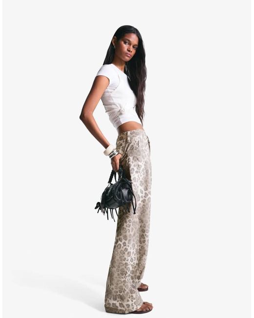 Bershka White Animal Print Barrel Trousers