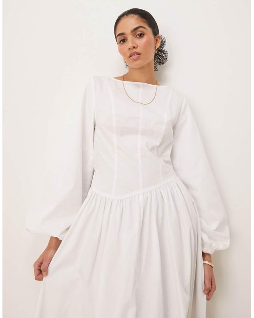 ASOS Natural Poplin Maxi Dress With Asymmetric Waist And Volume Sleeve