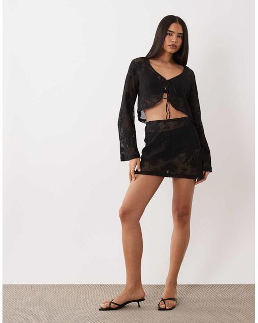 ASOS Black Sheer Crochet Lace Tie Front Top (part Of A Set)