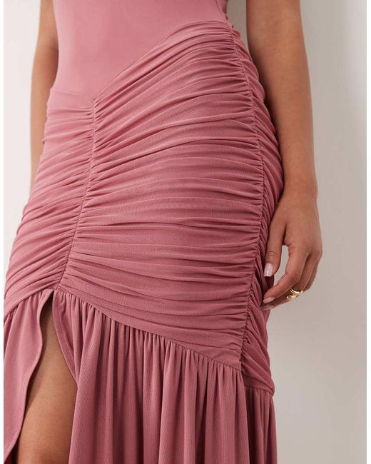 ASOS Pink High Neck Cowl Mesh Maxi Dress With Frill Split Detail