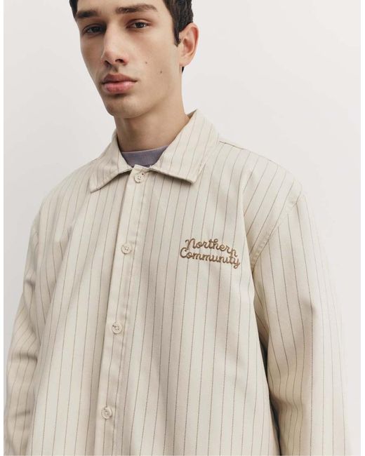 Pull&Bear Natural Embroidered Striped Shirt for men