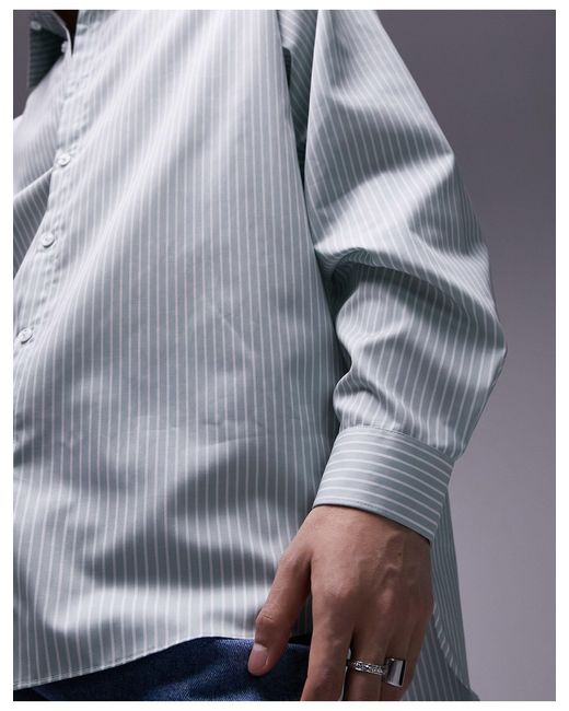 Topman Blue Long Sleeve Oversized Premium Stripe Cotton Shirt for men