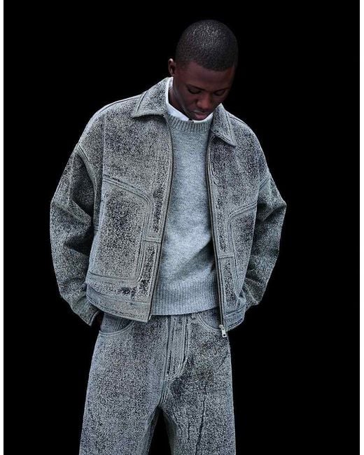 Bershka Black Textured Boxy Denim Jacket for men