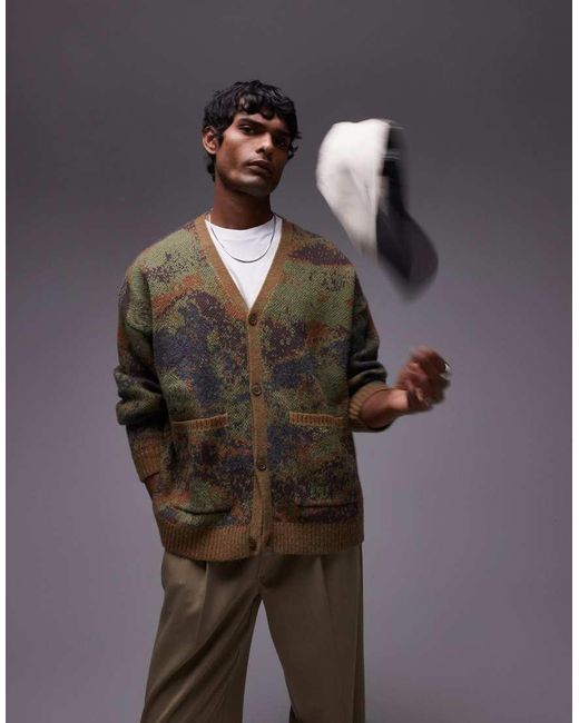 Topman Gray Abstract Pattern Oversized Cardigan for men