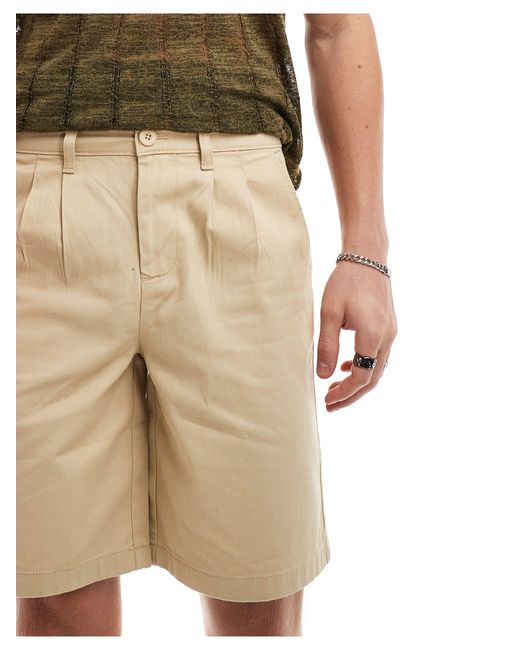 ASOS Natural Double Pleat Longer Length Chino Shorts for men