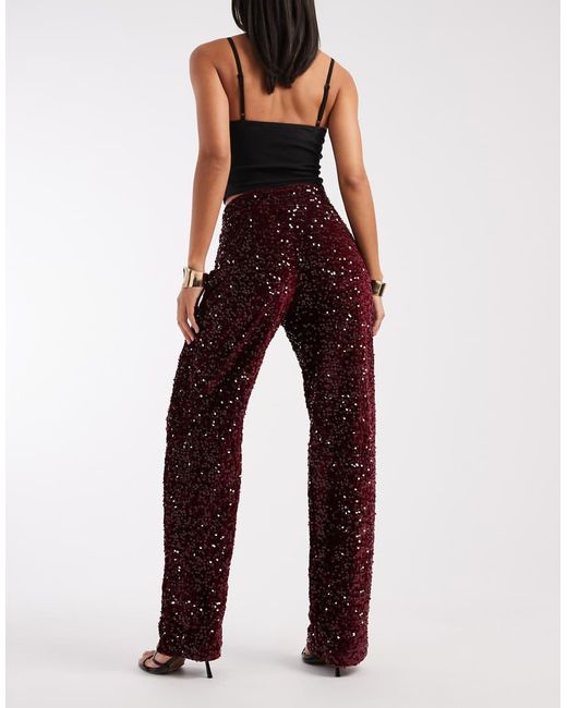 Pieces Red Wide Leg Velour Sequin Trousers