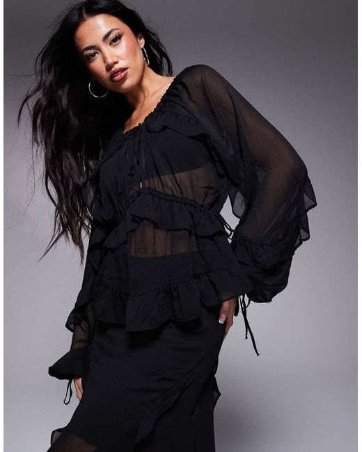 River Island Blue Chiffon Ruffle Tie Detail Blouse