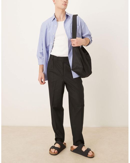 ASOS Black Smart Relaxed Tapered Fit Linen Blend Pants With Front Pleat for men