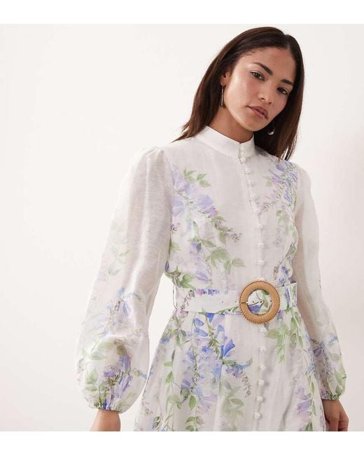 Forever New White Balloon Sleeve Button Through Belt Detail Midi Dress