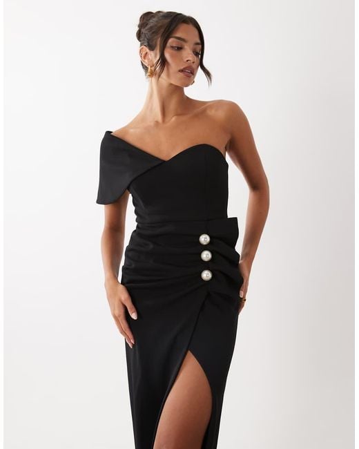 ASOS Natural Structured Drape Midi Dress With Pearl Detail