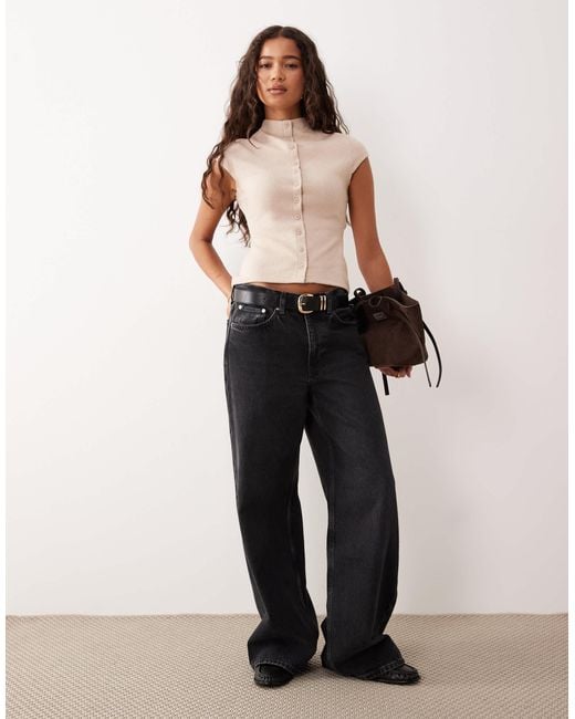 ASOS Black Supersoft Button Through High Neck Top