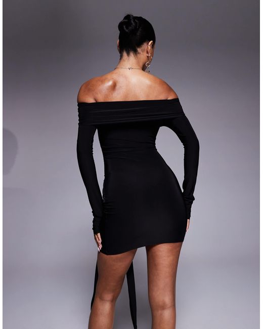 Kaiia Black Exclusive Double Layered Slinky Bardot Tie Side Drape Detail Mini Dress