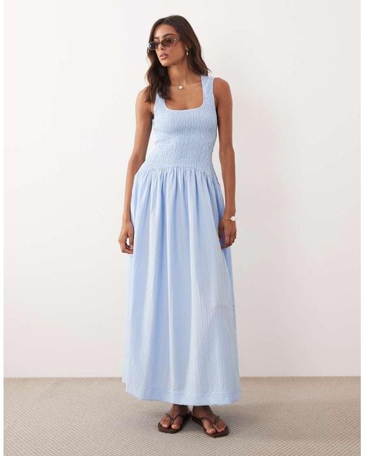 ASOS Blue Crinkle Scoop Neck Maxi Sundress With Shirred Waist