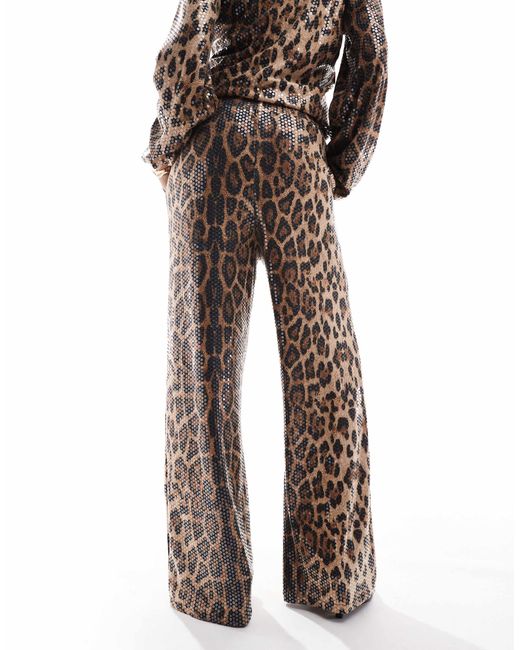 Threadbare Brown – weit geschnittene pailletten-hose mit leopardenmuster