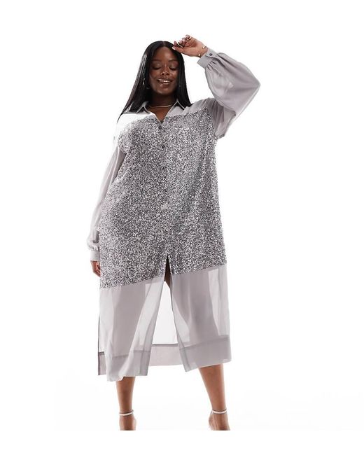 Never Fully Dressed Gray Lila Sequin Shirt Midaxi Dress