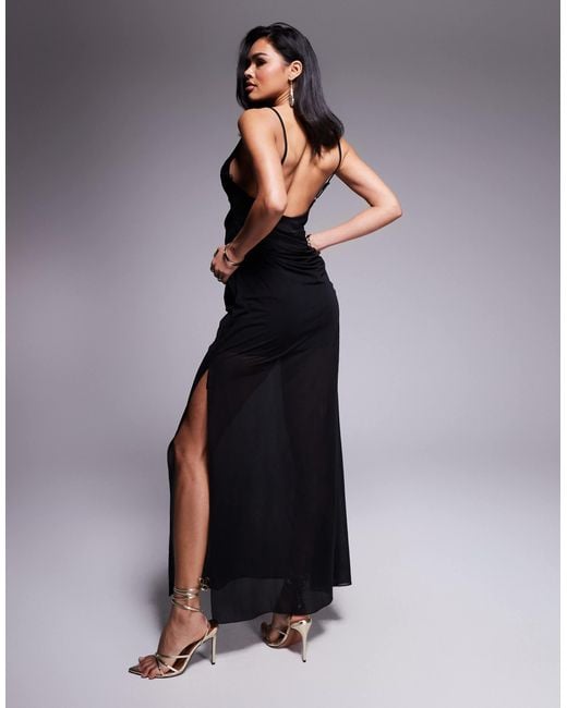 ASOS Black Sharp Neckline Maxi Dress With Stretch Chiffon Overlay