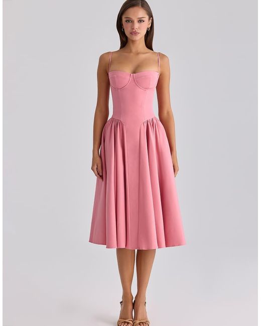 House Of Cb Pink Samaria Raspberry Cotton Twill Corset Midi Dress