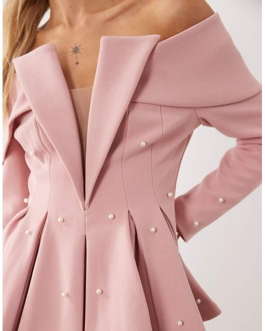 ASOS Pink Pearl Embellished Off Shoulder Blazer Top