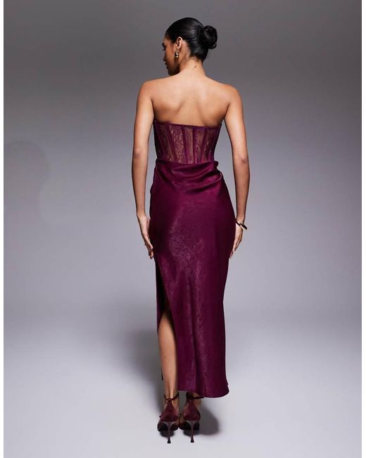 ASOS Red Lace Corset Detail Maxi Dress With Satin Draped Skirt